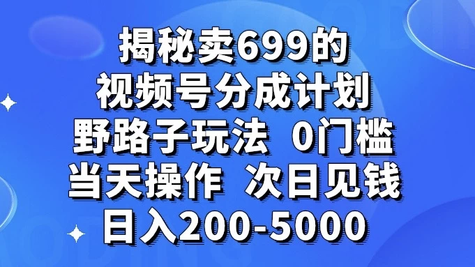 揭秘卖 699 的视频号分成计划野路子玩法，日入 200-5000，0 门槛，当天操作，次日见钱 - 创梦DreamCreation知识站
